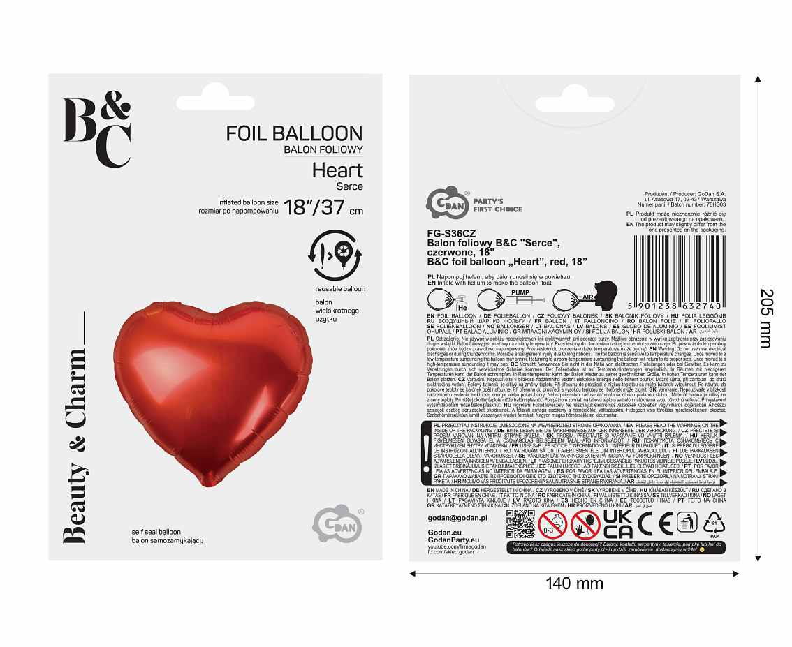 Foil balloon "Heart" , red, 36 cm